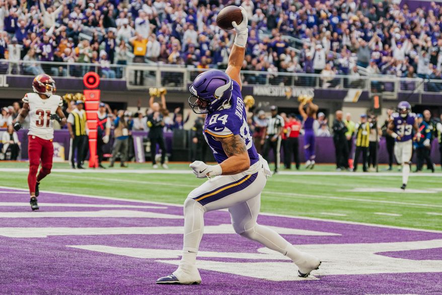 Minnesota Vikings Tight End Josh Oliver (84) celebrates first touch down at U.S. Bank Stadium in Minneapolis, Minnesota. The Minnesota Vikings defeated the Washington Commanders 31-0 during NFL Week 14 on December 7th, 2025. (Photo by Jordan Sabillo for Washington Times)