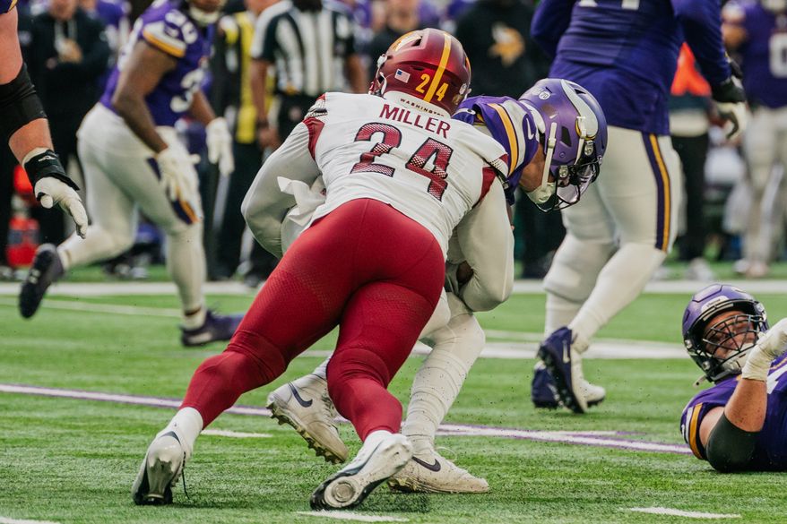 Washington Commanders Linebacker Von Miller (24) sacks Minnesota Quarterback J.J. McCarthy (9) at U.S. Bank Stadium in Minneapolis, Minnesota. The Minnesota Vikings defeated the Washington Commanders 31-0 during NFL Week 14 on December 7th, 2025. (Photo by Jordan Sabillo for Washington Times)