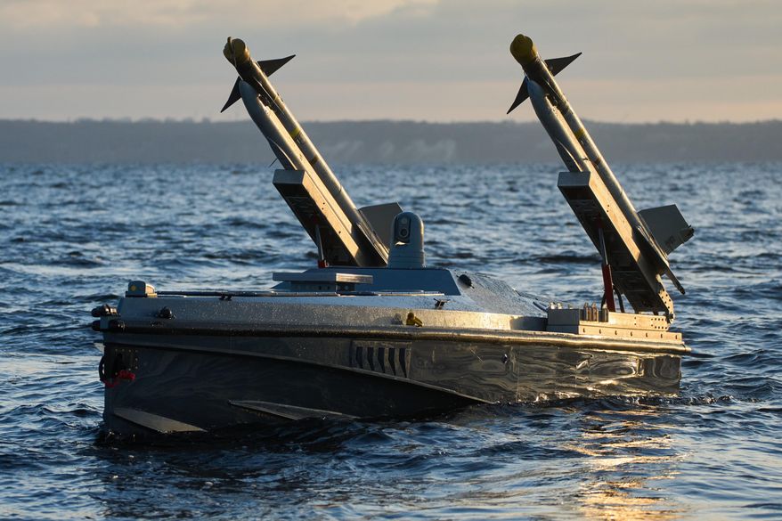 A sea drone Magura V7 of Ukraine's Defence Intelligence equipped with surface-to-air missiles rides in an undisclosed location in Ukraine, Saturday, Dec. 6, 2025. (AP Photo/Efrem Lukatsky)