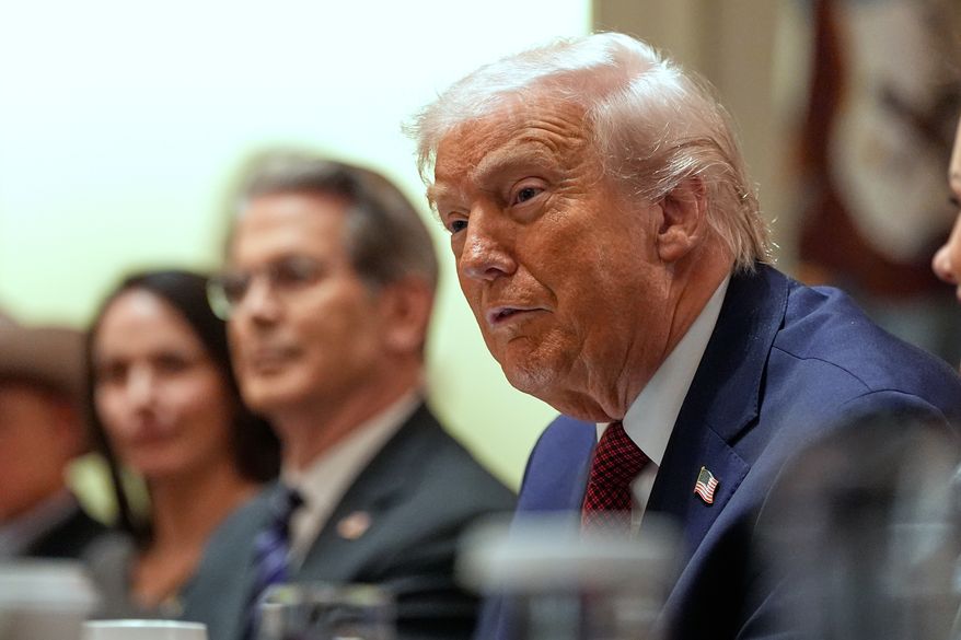 President Donald Trump speaks during a roundtable on farm subsidies in the Cabinet Room of the White House, Monday, Dec. 8, 2025, in Washington. (AP Photo/Alex Brandon)