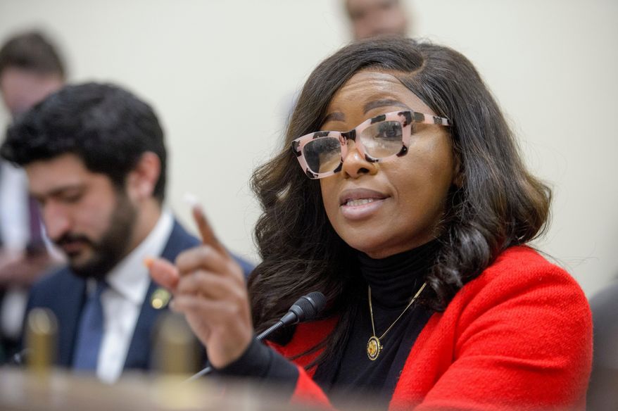 Rep. Jasmine Crockett, D-Texas, questions the witnesses during a House Committee on Oversight and Government Reform Subcommittee on Delivering on Government Efficiency hearing on "The War on Waste: Stamping Out the Scourge of Improper Payments and Fraud" on Capitol Hill, Wednesday, Feb. 12, 2025, in Washington. (AP Photo/Rod Lamkey Jr., File)