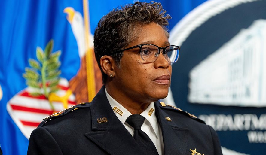 Washington Metropolitan Police Chief Pamela Smith stands during a news conference at the Department of Justice, Thursday, Dec. 4, 2025, in Washington. (AP Photo/Alex Brandon)