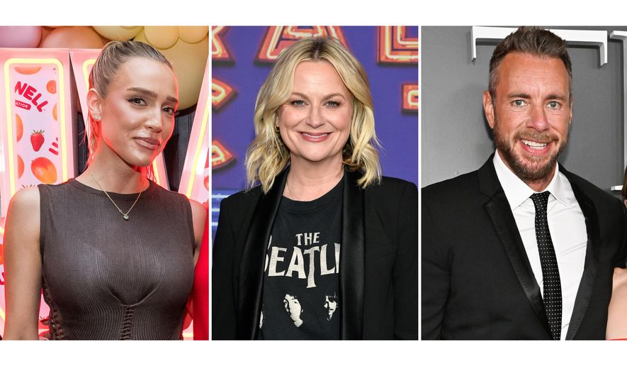 This combination of images shows, from left, Alex Cooper, Amy Poehler, and Dax Shepard. (AP Photo)