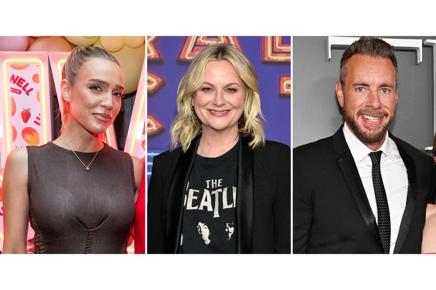 This combination of images shows, from left, Alex Cooper, Amy Poehler, and Dax Shepard. (AP Photo)