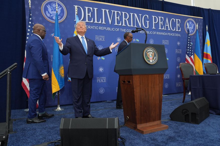 President Donald Trump arrives for a signing ceremony with Rwanda's President Paul Kagame and Democratic Republic of Congo President Felix-Antoine Tshisekedi at the U.S. Institute of Peace, Thursday, Dec. 4, 2025, in Washington. (AP Photo/Evan Vucci)