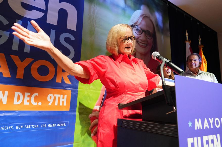 Miami mayor-elect Eileen Higgins celebrates at a watch party after winning the Miami mayoral runoff election, Tuesday, Dec. 9, 2025, in Miami. (AP Photo/Lynne Sladky)