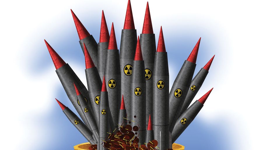 Nuclear arms race crisis illustration by Alexander Hunter/The Washington Times