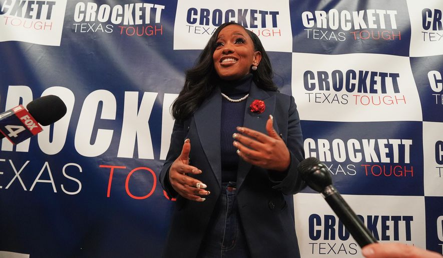 Rep. Jasmine Crockett, D-Texas, speaks to reporters after announcing her run in the Democratic primary for U.S. Senate, Monday, Dec. 8, 2025, in Dallas. (AP Photo/LM Otero)