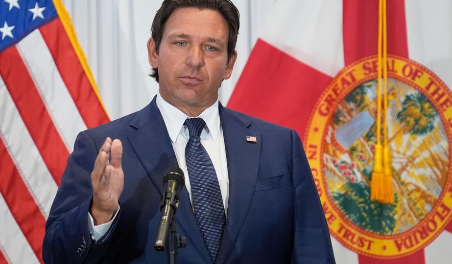 Florida Gov. Ron DeSantis speaks during a news conference, Aug. 12, 2025, in Tampa, Fla. (AP Photo/Chris O'Meara, File)