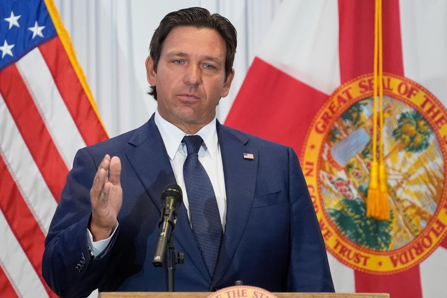 Florida Gov. Ron DeSantis speaks during a news conference, Aug. 12, 2025, in Tampa, Fla. (AP Photo/Chris O'Meara, File)