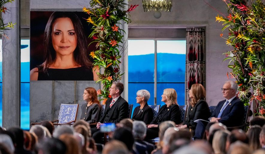 A picture of Nobel Peace Prize laureate Maria Corina Machado during the Nobel Peace Prize award ceremony at Oslo City Hall, in Oslo, Norway, Wednesday Dec. 10, 2025. (Ole Berg-Rusten/NTB Scanpix, Pool via AP)