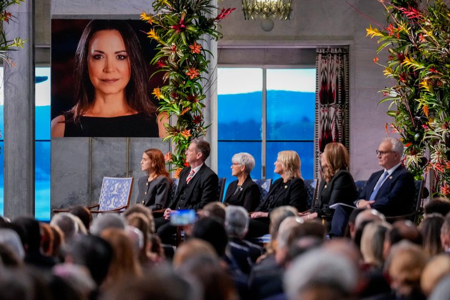 A picture of Nobel Peace Prize laureate Maria Corina Machado during the Nobel Peace Prize award ceremony at Oslo City Hall, in Oslo, Norway, Wednesday Dec. 10, 2025. (Ole Berg-Rusten/NTB Scanpix, Pool via AP)