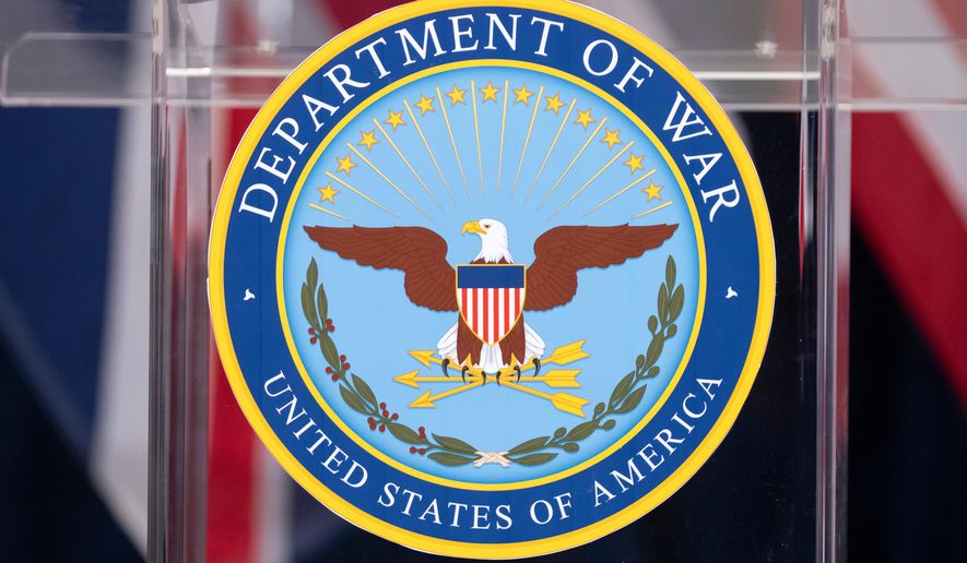 The seal is seen on a podium at the Pentagon, Wednesday, Dec. 10, 2025, in Washington, before Defense Secretary Pete Hegseth speaks. (AP Photo/Mark Schiefelbein)