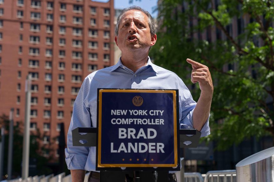 FILE - New York City Comptroller Brad Lander speaks during a press conference outside outside the Jacob K. Javits Federal Building, Wednesday, July 16, 2025, in New York. (AP Photo/Yuki Iwamura, File)