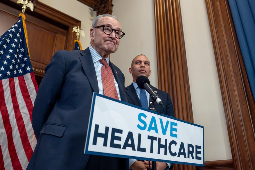 Senate Minority Leader Chuck Schumer, D-N.Y., left, and House Minority Leader Hakeem Jeffries, D-N.Y., meet with reporters to speak about health care affordability at the Capitol in Washington, Dec. 3, 2025. (AP Photo/J. Scott Applewhite) **FILE**