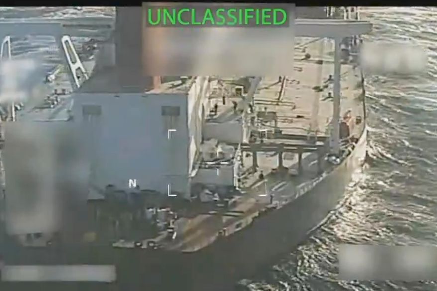 This image from video posted on Attorney General Pam Bondi's X account, and partially redacted by the source, shows an oil tanker being seized by U.S. forces off the coast of Venezuela, Wednesday, Dec. 10, 2025. (U.S. Attorney General's Office/X via AP)
