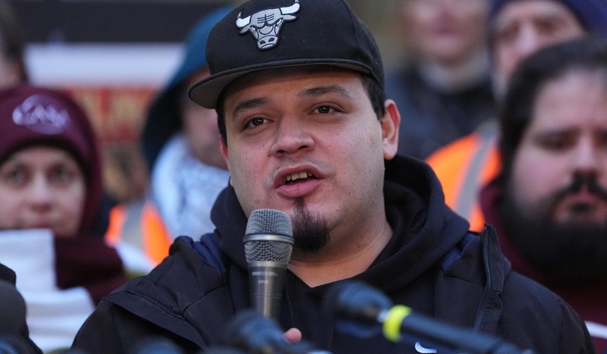 Kilmar Abrego Garcia speaks during a rally ahead of a mandatory check at the Immigration and Customs Enforcement office in Baltimore, Friday, Dec. 12, 2025, after he was released from detention on Thursday under a judge's order. (AP Photo/Stephanie Scarbrough)