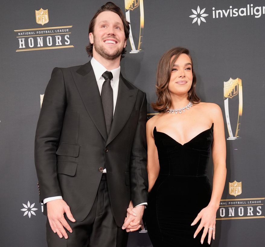 Josh Allen, of the Buffalo Bills, and his fiancé, Hailee Steinfeld, pose on the red carpet at the NFL Honors award show ahead of the Super Bowl 59 football game, Feb. 6, 2025, in New Orleans. (AP Photo/Gerald Herbert, File)