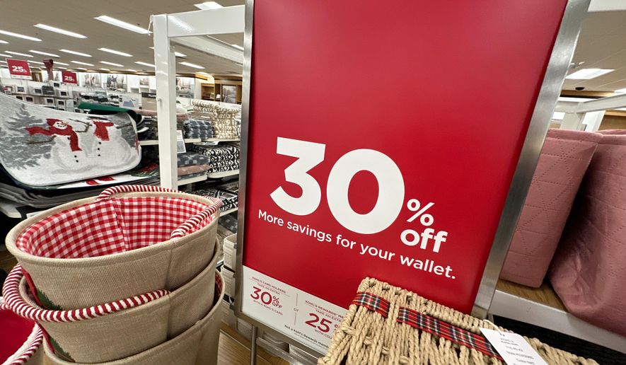 Sign shows discount available on seasonal items in a Kohl's department store, Monday, Dec. 8, 2025, in Castle Rock, Colo. (AP Photo/David Zalubowski)