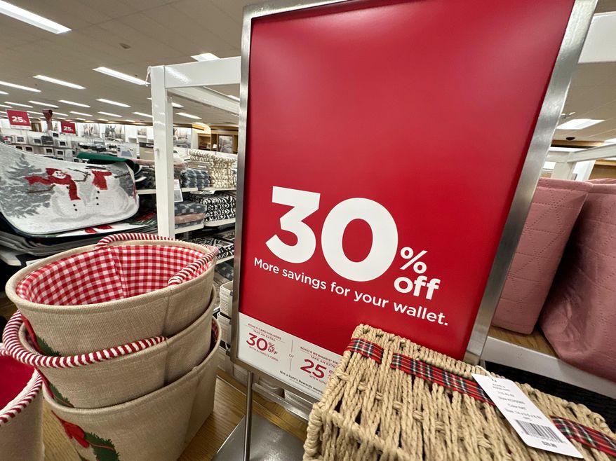Sign shows discount available on seasonal items in a Kohl's department store, Monday, Dec. 8, 2025, in Castle Rock, Colo. (AP Photo/David Zalubowski)