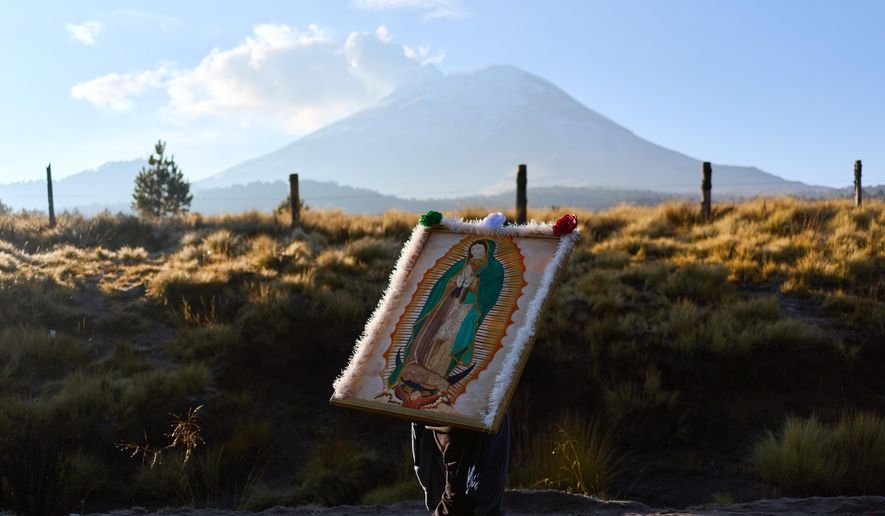 A pilgrim carries an image of the Virgin of Guadalupe past the Popocatepetl in Paso de Cortes on his way to Mexico City, Wednesday, Dec. 10, 2025. (AP Photo/Claudia Rosel)
