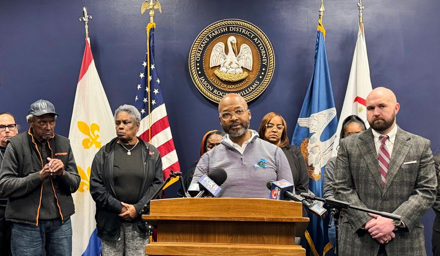 Orleans Parish District Attorney Jason Williams addresses the media following the sentencing of Derrick Groves, Friday, Dec. 12, 2025, in New Orleans. (AP Photo/Jack Brook)