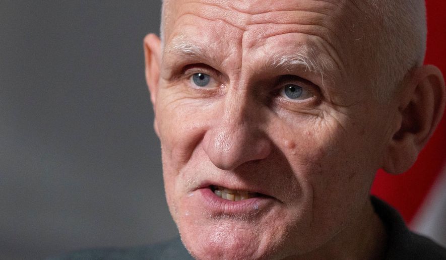 Nobel Peace Prize laureate Ales Bialiatski, one of the Belarusian prisoners released on Saturday, speaks during an interview with the Associated Press in Vilnius, Lithuania, on Sunday, Dec. 14, 2025. (AP Photo/Mindaugas Kulbis)