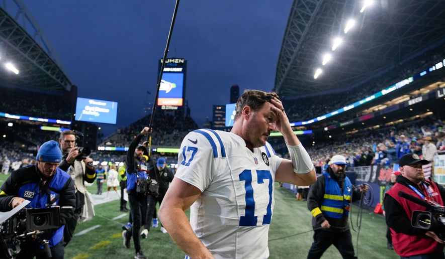 Indianapolis Colts quarterback Philip Rivers (17) leaves the field after an NFL football game against the Seattle Seahawks, Sunday, Dec. 14, 2025, in Seattle. (AP Photo/Stephen Brashear)