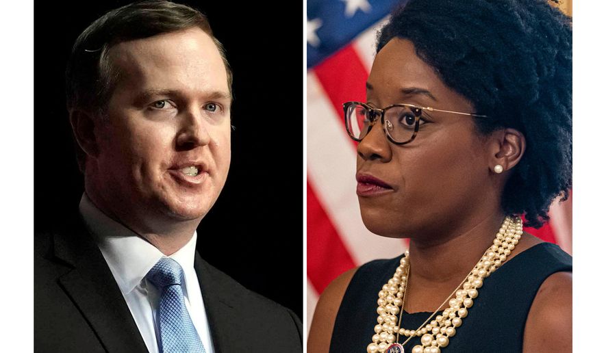 FILE - This combination photo shows Brian Jack, left, speaking at a campaign rally, March 9, 2024, in Rome, Ga. and Lauren Underwood speaking with reporters, Aug. 9, 2022, in Washington. (AP Photo/Mike Stewart, Nathan Howard)