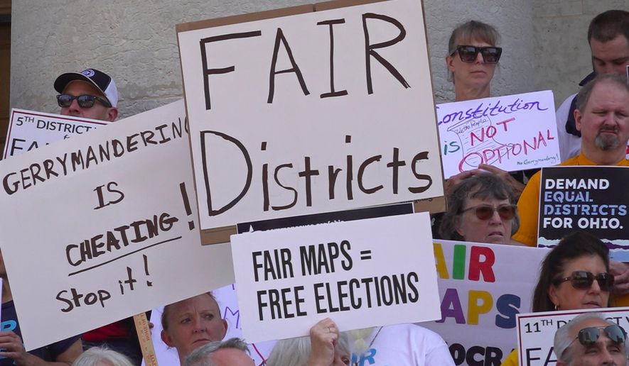 FILE - This photo taken from video shows organizers rallying outside of the Ohio Statehouse to protest gerrymandering and advocate for lawmakers to draw fair maps in Columbus, Ohio, Sept. 17, 2025. (AP Photo/Patrick Aftoora-Orsagos, File)