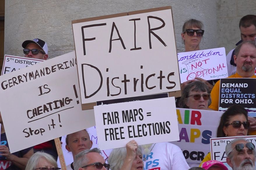 FILE - This photo taken from video shows organizers rallying outside of the Ohio Statehouse to protest gerrymandering and advocate for lawmakers to draw fair maps in Columbus, Ohio, Sept. 17, 2025. (AP Photo/Patrick Aftoora-Orsagos, File)