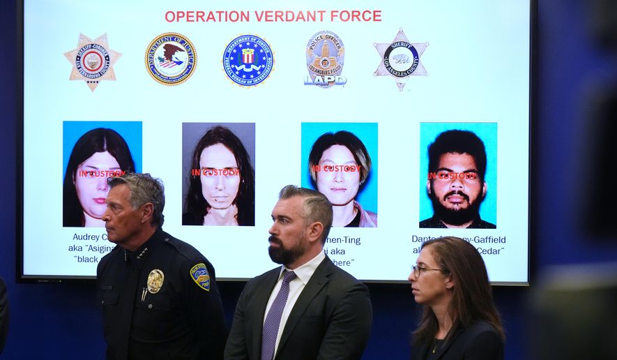 Photos of suspects of a terror plot are shown on a screen during a press conference Monday, Dec. 15, 2025, in Los Angeles. (AP Photo/Damian Dovarganes)