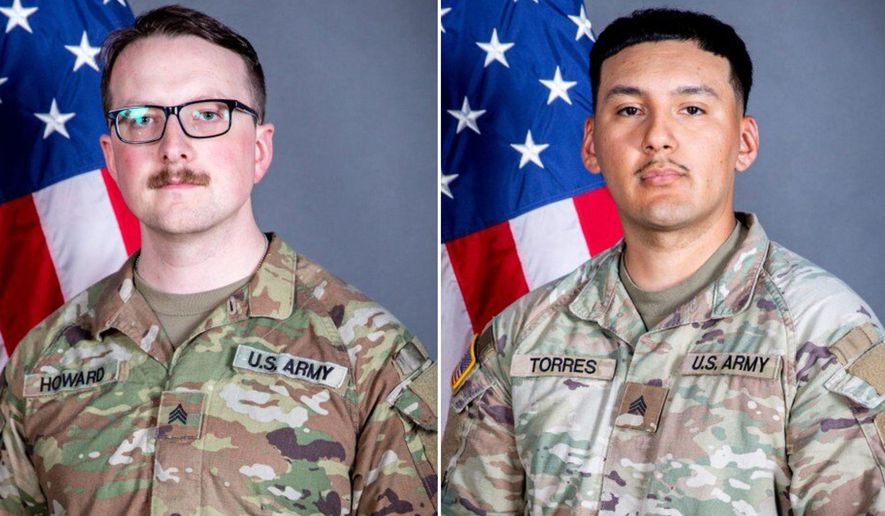This undated combo photo created with images released by the Iowa National Guard shows Sgts. William Nathaniel Howard, left, and Edgar Brian Torres-Tovar. (Iowa National Guard via AP)
