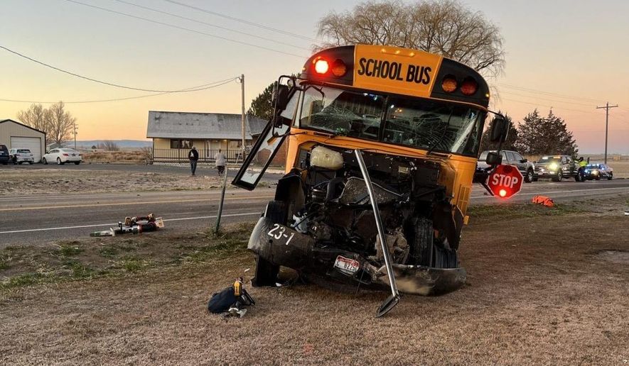 In this photo released by the Idaho State Police, a school bus sits damaged after colliding with another school bus, Monday, Dec. 125, 2025, in Paul, Idaho. (Idaho State Police via AP)