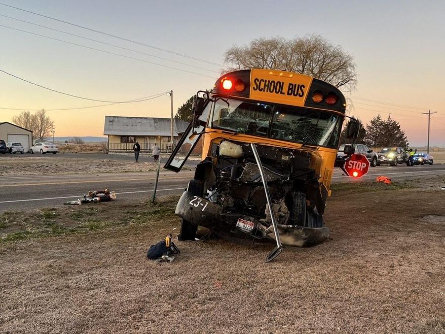 In this photo released by the Idaho State Police, a school bus sits damaged after colliding with another school bus, Monday, Dec. 125, 2025, in Paul, Idaho. (Idaho State Police via AP)