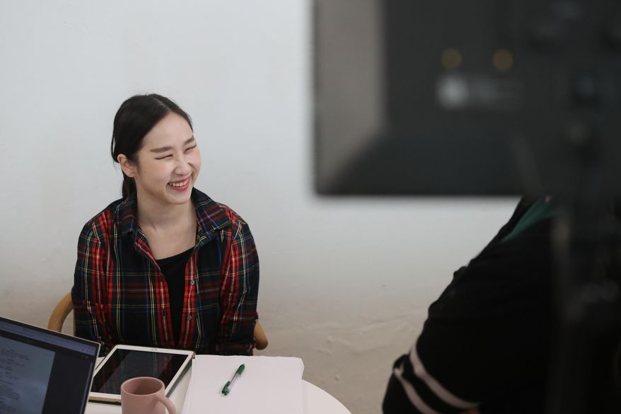 Amy Baik, a South Korean actor, performs a scene for an English-language demo reel she plans to submit to Hollywood casting directors in Seoul, Sunday, Nov. 9, 2025. (AP Photo/Juwon Park)