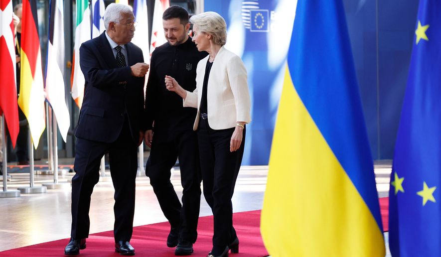 From left, European Council President Antonio Costa, Ukraine's President Volodymyr Zelenskyy and European Commission President Ursula von der Leyen arrive for an EU Summit at the European Council building in Brussels, March 6, 2025. (AP Photo/Omar Havana, File)