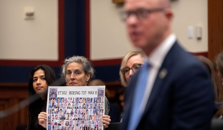 Nikita Joy of the Foundation for Aviation Safety, left, and Nadia Milleron of Sheffield, Mass., whose daughter Samya Stumo was killed in the crash of Ethiopian Airlines flight 302, listen as FAA Administrator Bryan Bedford speaks during a hearing of the Aviation Subcommittee of the House Transportation and Infrastructure Committee on Capitol Hill, Tuesday, Dec. 16, 2025, in Washington. (AP Photo/Mark Schiefelbein)
