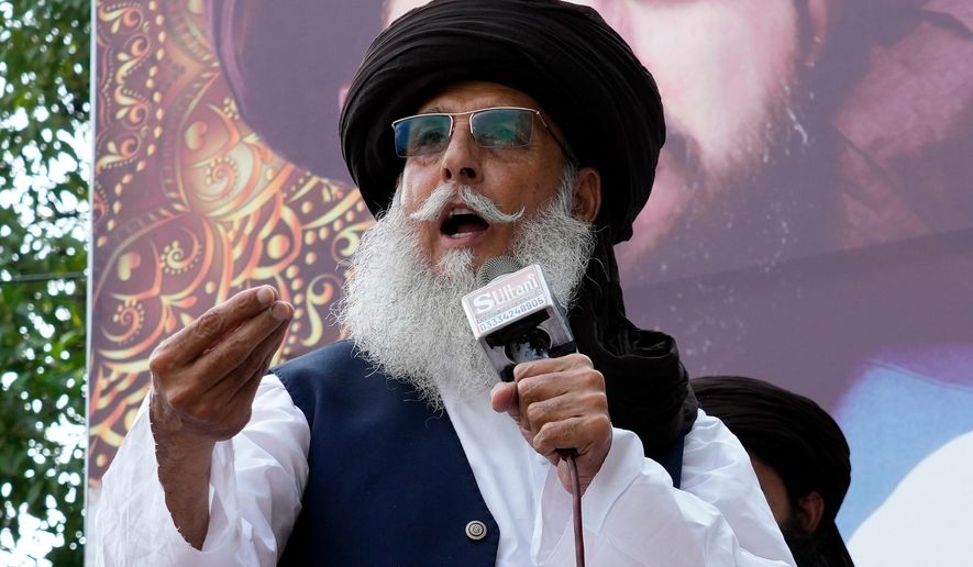 FILE - Zaheerul Hassan Shah, the deputy chief of a radical Islamist party, speaks to his supporters during a gathering in Lahore, Pakistan, July 28, 2024. (AP Photo/K.M. Chaudary, File)