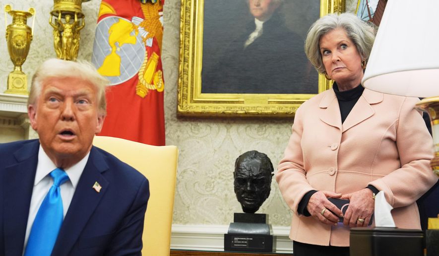 White House chief of staff Susie Wiles listens as President Donald Trump meets with Israel's Prime Minister Benjamin Netanyahu in the Oval Office of the White House, Feb. 4, 2025, in Washington. (AP Photo/Evan Vucci, File)