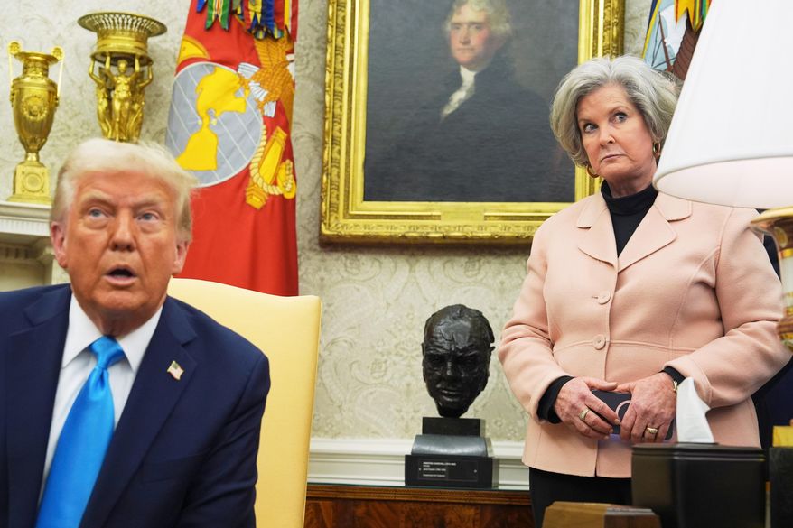 White House chief of staff Susie Wiles listens as President Donald Trump meets with Israel's Prime Minister Benjamin Netanyahu in the Oval Office of the White House, Feb. 4, 2025, in Washington. (AP Photo/Evan Vucci, File)