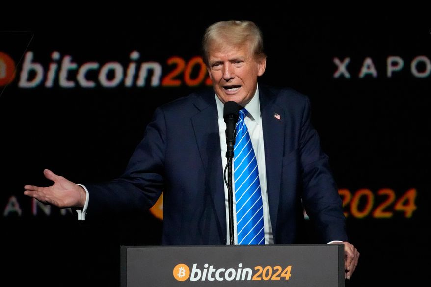 Republican presidential candidate former President Donald Trump speaks at the Bitcoin 2024 ConferenceJuly 27, 2024, in Nashville, Tenn. (AP Photo/Mark Humphrey, File)