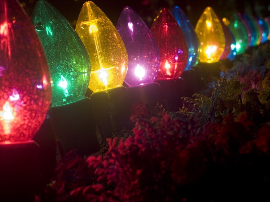 Outdoor oversized Christmas lights in front of plants. File photo credit: Douglas Greenwald via Shutterstock.