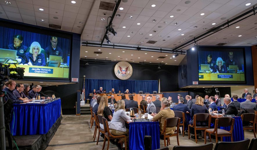National Transportation Safety Board Chairwoman Jennifer Homendy speaks during the NTSB fact-finding hearing on the DCA midair collision accident, at the National Transportation and Safety Board boardroom, July 30, 2025, in Washington. (AP Photo/Rod Lamkey, Jr., File)