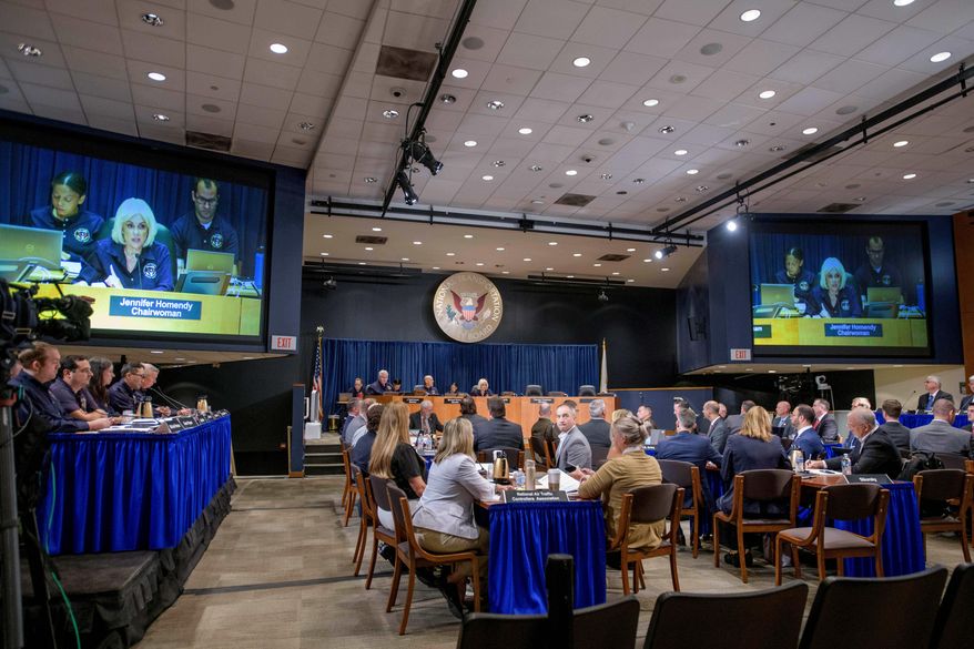 National Transportation Safety Board Chairwoman Jennifer Homendy speaks during the NTSB fact-finding hearing on the DCA midair collision accident, at the National Transportation and Safety Board boardroom, July 30, 2025, in Washington. (AP Photo/Rod Lamkey, Jr., File)