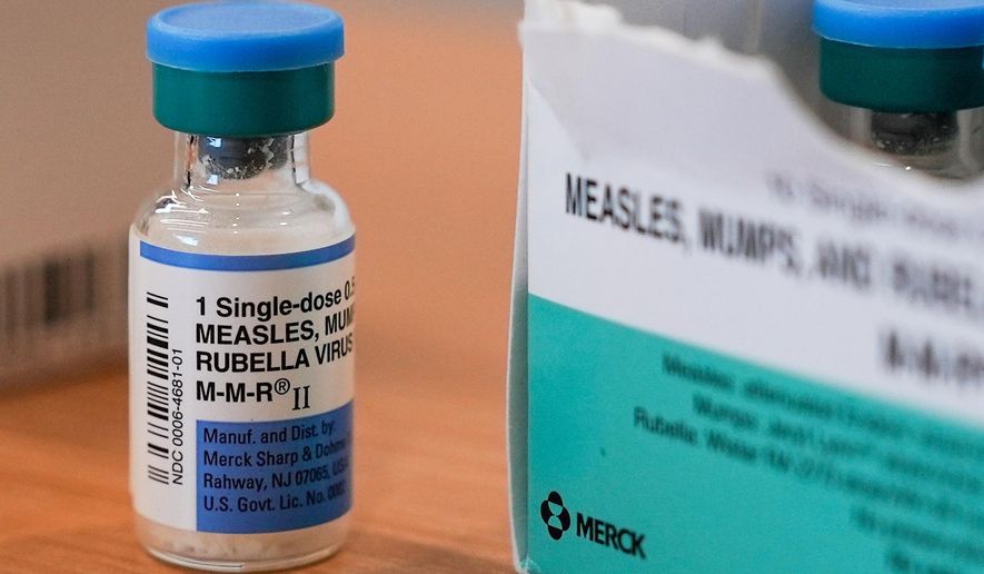 A vial of the measles, mumps and rubella vaccine is on display at the Lubbock Health Department, Feb. 26, 2025, in Lubbock, Texas. (AP Photo/Mary Conlon, File)