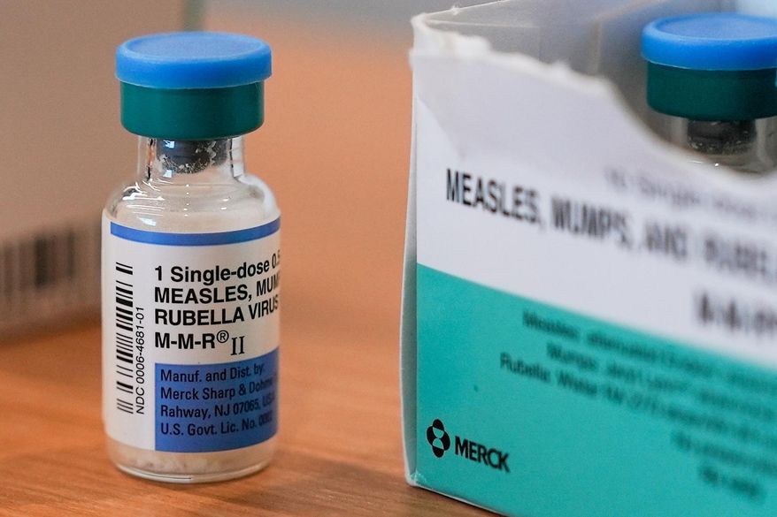 A vial of the measles, mumps and rubella vaccine is on display at the Lubbock Health Department, Feb. 26, 2025, in Lubbock, Texas. (AP Photo/Mary Conlon, File)