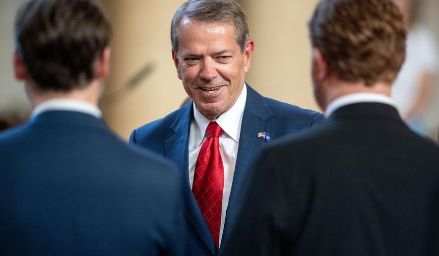 FILE - Nebraska Gov. Jim Pillen greets state senators before giving a speech on June 2, 2025, in Lincoln, Neb. (Justin Wan/Lincoln Journal Star via AP, File)