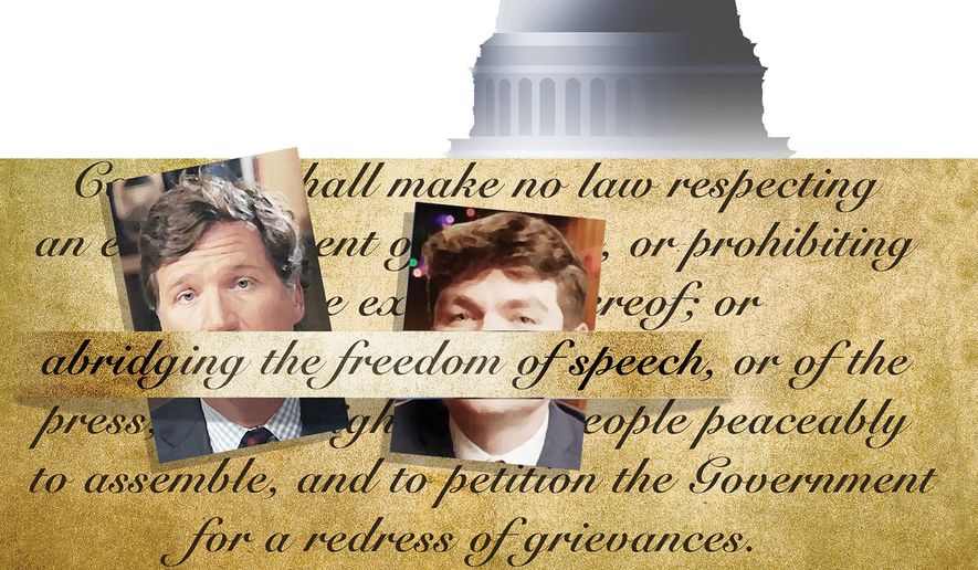 Freedom of speech for Tucker Carlson and Nick Fuentes illustration by Alexander Hunter/The Washington Times