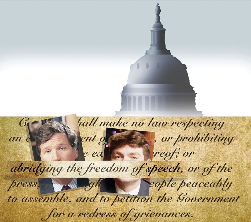 Freedom of speech for Tucker Carlson and Nick Fuentes illustration by Alexander Hunter/The Washington Times